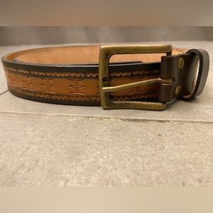 Brown Embossed Leather Western Belt Made‎ in Chile Brass Buckle 51 inches